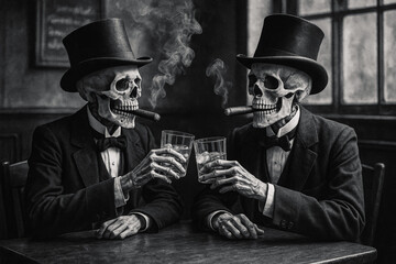 Two elegant skeletons in top hats and suits raise glasses in a toast, smoking cigars in a dim, vintage pub. Monochrome, macabre sophistication concept.