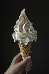 Creamy vanilla ice cream cone held in a hand  Soft, fluffy texture  Delicious treat