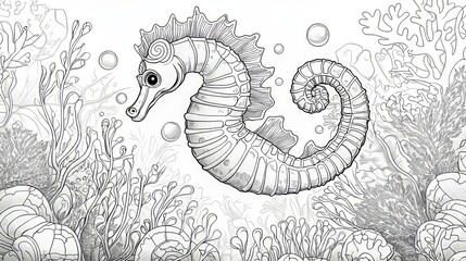 Fototapeta premium Detailed Seahorse Coloring Page for Relaxation and Creativity