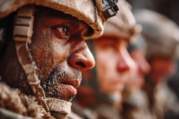 Profiles of soldiers participating in combined military drills while wearing camouflage uniforms and helmets. Generative Ai