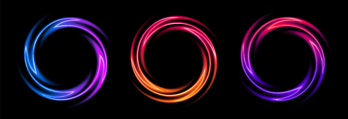 Set of bright neon frames swirl shape with curly dynamic lines isolated on black background. Abstract background. Stock vector futuristic design elements for badges, tags and labels.