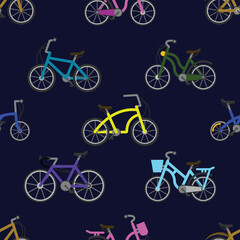 Obraz premium Seamless bicycle pattern featuring hand-drawn or vector-style bikes in a repeating layout. Perfect for wrapping paper, fabric design, wallpaper, backgrounds, and cycling-themed projects.