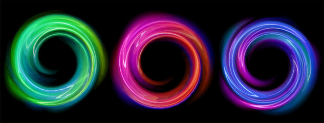 Set of bright neon frames swirl shape with wavy dynamic lines isolated on black background. Abstract background. Stock vector futuristic design elements for badges, tags and labels.