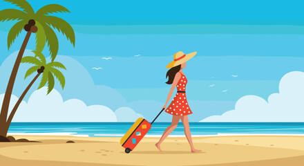 Woman in a sundress walking with suitcase on a beach  