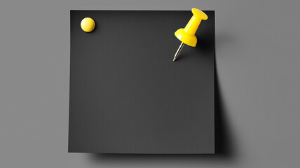Black Sticky Post Note With Small Yellow Pushpin Isolated on Grey Background