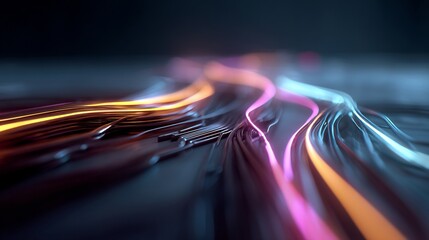 Illuminated paths of digital data flow, converging on a central node in the darkness