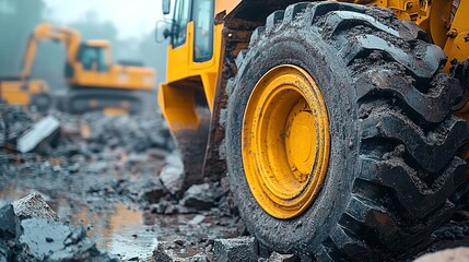 A yellow excavator working at a construction site, surrounded by rubble and dirt, with other construction vehicles in the background