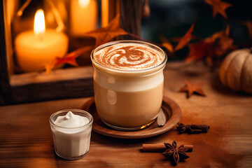 A hot latte with cinnamon stick and vanilla beans beside it, set on a rustic wooden table, warm lighting,