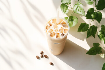 A Iced latte cup surrounded by green leaves, a straw, set on a light stone background 
