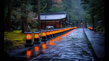 Obraz premium Enchanted Path: Illuminated Walkway in a Japanese Temple