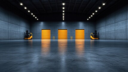 Spacious Industrial Warehouse Interior with Forklifts and Roll-Up Doors