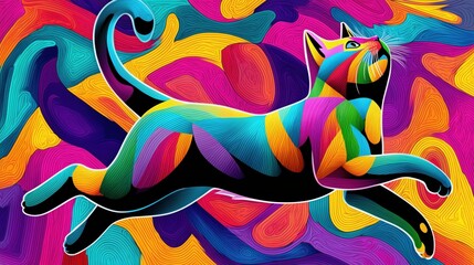Obraz premium A vibrant abstract illustration of a multicolored cat leaping dynamically against a swirling background of bold saturated hues and energetic lines creating a lively and playful