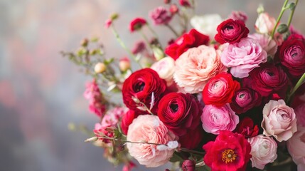 Vibrant bouquet of ranunculus in shades of red and pink