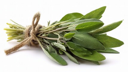 Fresh Sage Herb Bundle Tied with Twine Isolated on White Background