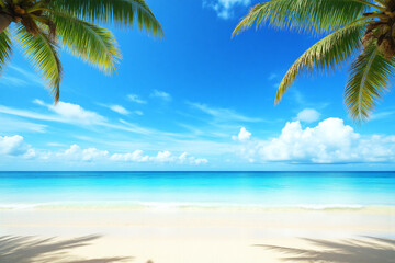 beach with palm trees and a blue ocean in the background