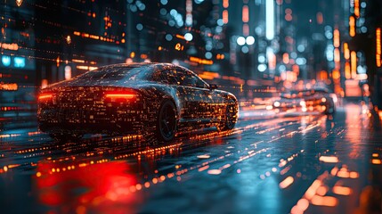 Futuristic Digital World Where Cryptocurrency Symbols Transform into Vehicles