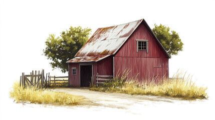 Obraz premium rustic red barn surrounded by tall grass and trees, evoking sense of tranquility and rural charm