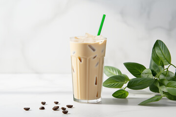 A Iced latte glass surrounded by green leaves, reusable bamboo straw, set on a light stone background 