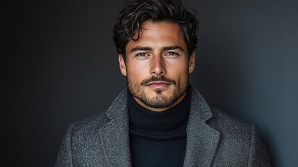 Fototapeta premium A man wearing a gray coat and a black turtleneck sweater, against a dark gray background, in a simple and elegant style, symbolizing fashion and maturity.