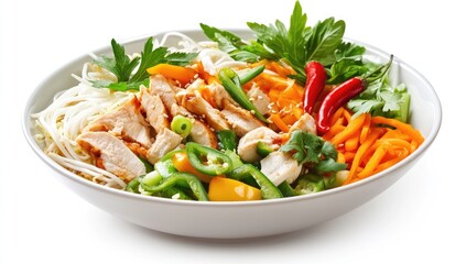 Colorful Asian-style chicken bowl.  A vibrant bowl of sliced grilled chicken, noodles, colorful vegetables, and herbs