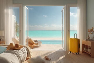 Fototapeta premium Opulent hotel room with a view of the sea. Yellow suitcase stands and two straw hats were on the bed. Generative Ai