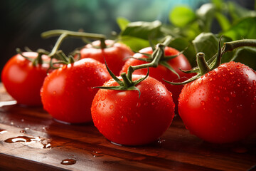 A close-up of red juicy tomatoes with water droplets, sitting on a rustic wooden cutting board with basil leaves, in natural sunlight, high detail food photography,
