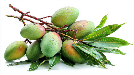 Unripe Mangoes Cluster Isolated on White Background