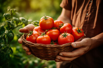 A basket full of freshly picked red tomatoes in a lush green garden, hands of a gardener holding one