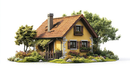 charming farmhouse with rustic design, surrounded by lush greenery and vibrant flowers