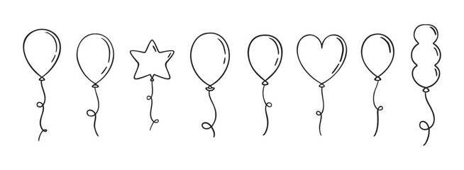Balloon doodle hand drawn icon set. Outline drawing balloon line clipart symbol collection