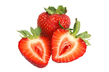 Fresh, Juicy Strawberries: Whole and Halved on Transparent Background | High-Quality Food...