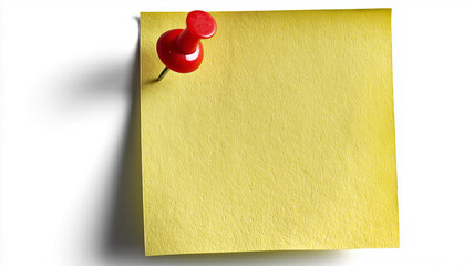 Yellow Sticky Post Note with Red Pushpin Isolated on White Background