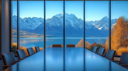 Fototapeta premium A modern conference room with a long table and black chairs, with a stunning view of snow-capped mountains and a lake outside the window