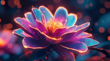 Glowing Neon Flower Close Up Dark Background