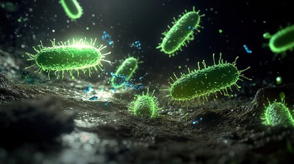 Fototapeta premium Several glowing green rod-shaped bacteria against a dark background, with tiny light spots and water droplets, in a sci-fi and microscopic style, symbolizing microbes and scientific research.