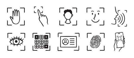 biometric scanning icon set. Identification individual by eye, fingerprint, or pass doodle hand drawn icon. Outline drawing ID verification line clipart symbol