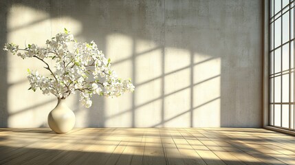 A minimalist indoor scene image with a light-colored vase filled with white flowers on a wooden floor, set against a gray wall, with sunlight streaming through a window