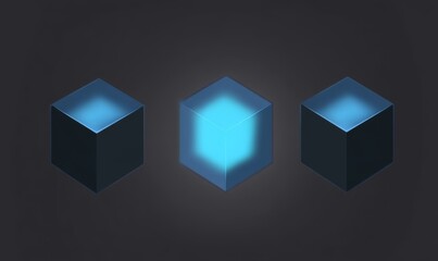 Three Isometric Blue Cubes with Internal Glow on Dark Gray Background