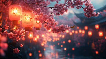 Sakura blossoms illuminate a serene Asian alley at night with warm lanterns.