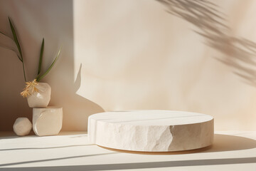 A smooth white stone podium, bathed in soft natural light, stands against a clean backdrop, for product presentation