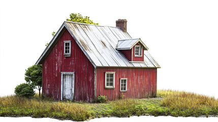 Fototapeta premium charming red farmhouse with rustic design, surrounded by tall grass and greenery