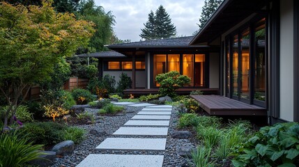 Tranquil japanese zen garden with geothermal heating residential setting landscape photography serene evening view