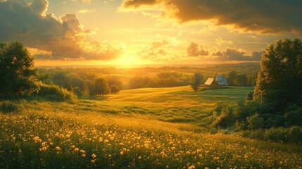 Obraz premium Sunrise over field of flowers with rustic cabin