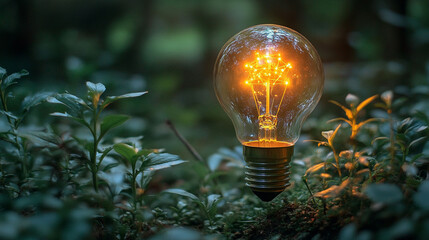 Illuminated vintage lightbulb nestled amongst lush forest foliage.