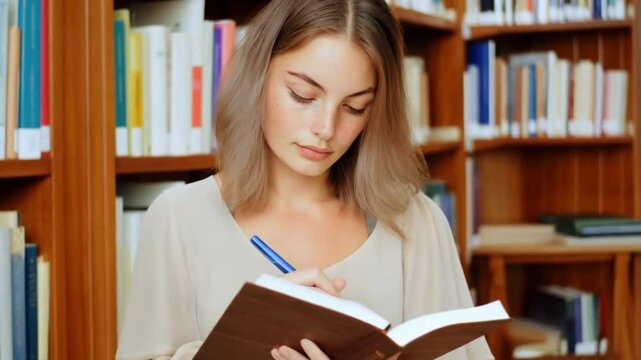 Focused young woman studying and writing in notebook