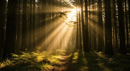 Obraz premium Sun Rays Streaming Through Tall Trees in a Forest Path