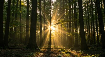 Obraz premium Sunlight Streaming Through Tall Forest Trees Creating a Serene Scene