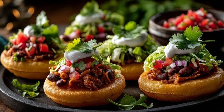 Delicious mexican sopes with toppings on dark plate