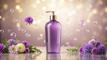 Dreamy Purple Shower Gel with Matching Flowers & Bottles - Minimalist Beige Background