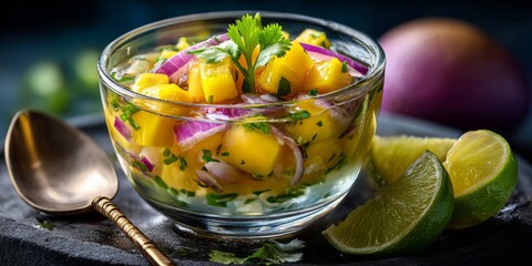 Fresh mango salsa with red onion and cilantro in glass bowl